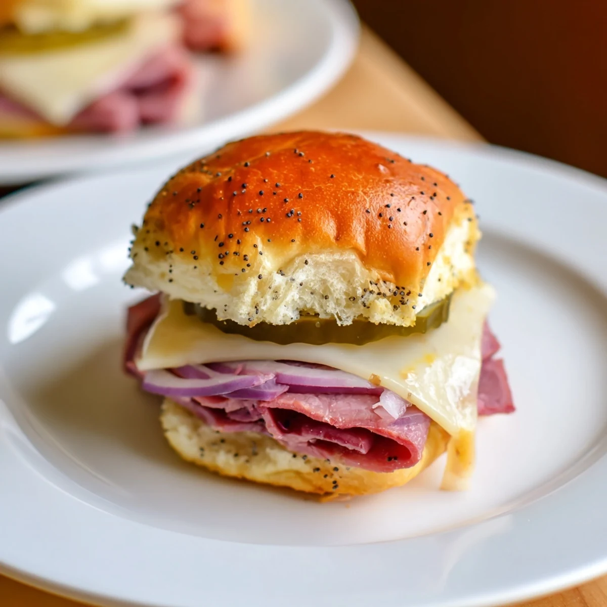 Freshly baked Corned Beef Sliders, brushed with garlic butter and poppy seeds for a savory appetizer.
