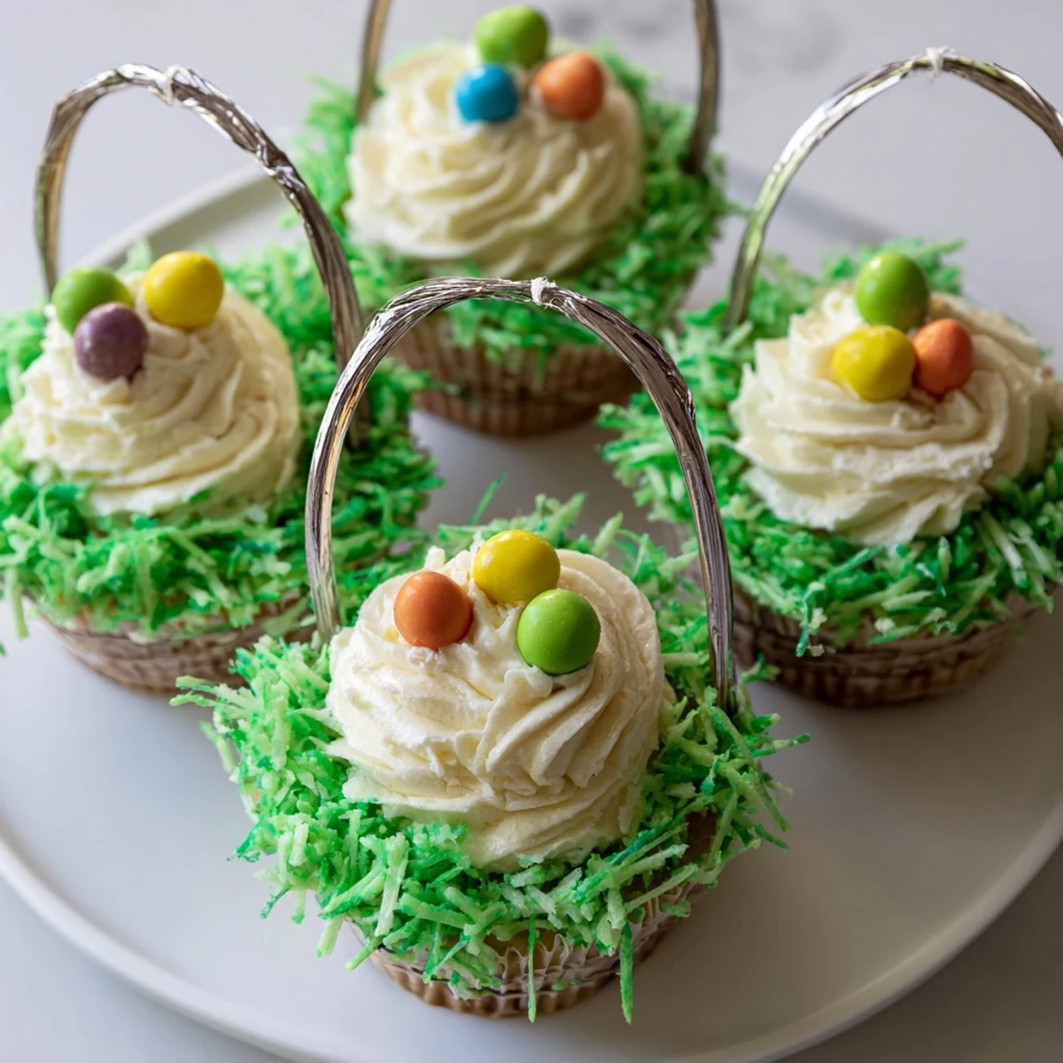 Easter Basket Cupcakes with Coconut Grass sit on a platter, their fluffy frosting topped with green-tinted coconut and tiny candy eggs for a festive touch.