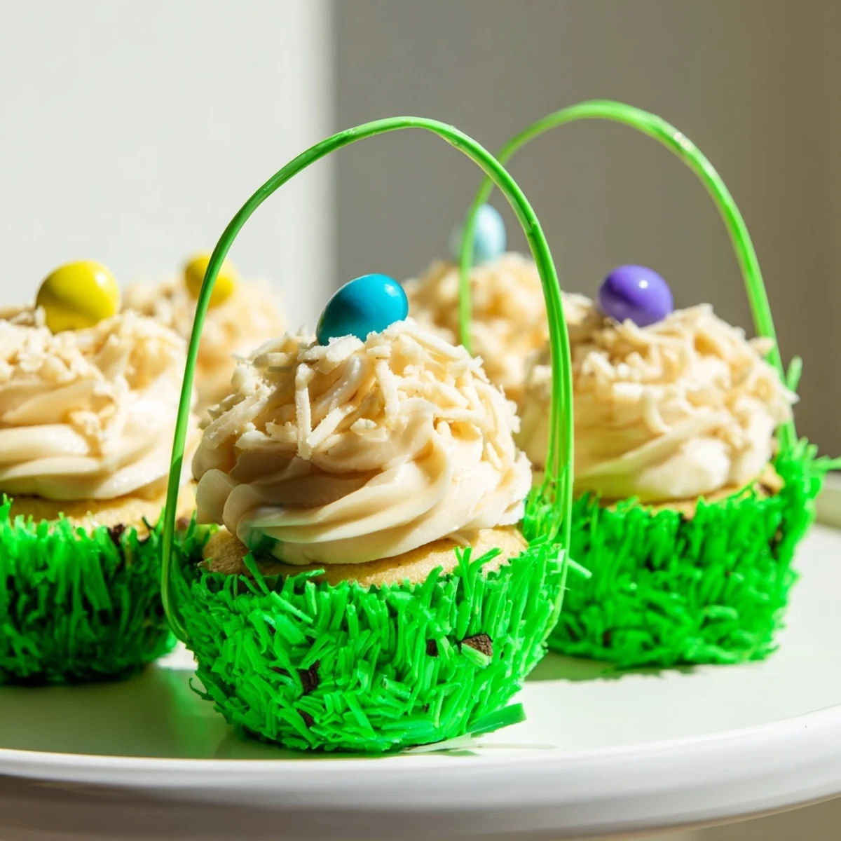 A close-up of Easter Basket Cupcakes with Coconut Grass shows piped vanilla frosting, shredded coconut resembling grass, and colorful mini chocolate eggs nestled in each cupcake.