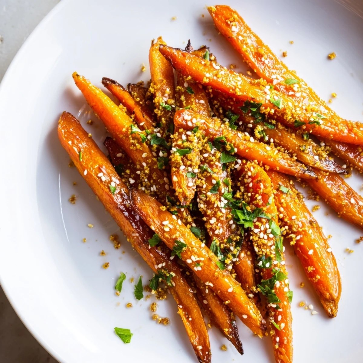 Golden roasted carrots glazed with maple and cumin, garnished with fresh parsley and sesame seeds on a rustic platter.  