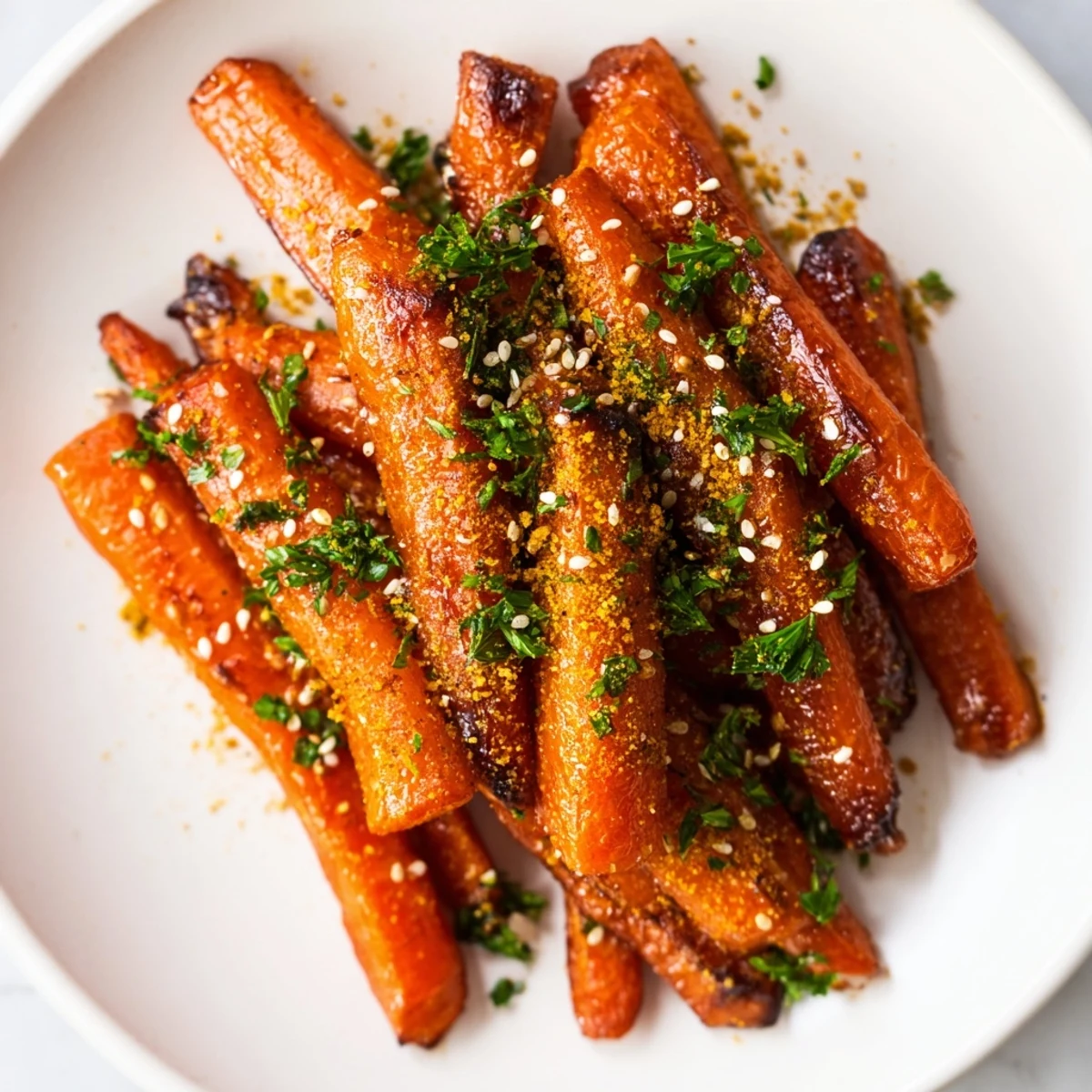 Vibrant roasted carrots with maple and cumin glaze, ready to serve as a savory vegetarian side dish.  
