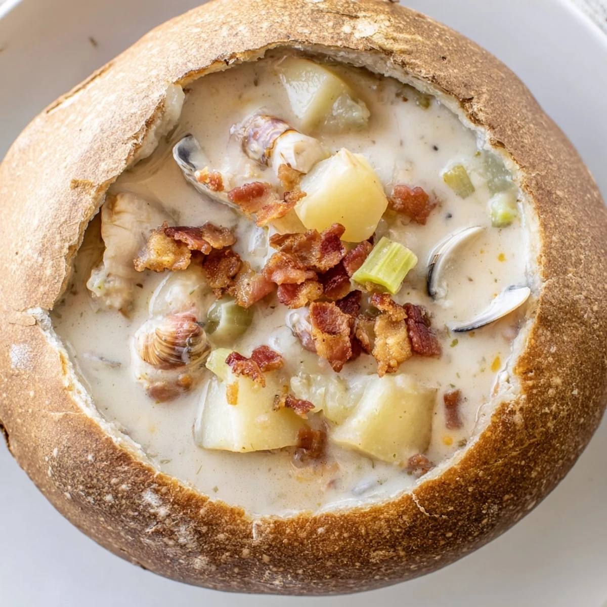 Creamy Clam Chowder in Sourdough Bowl features velvety broth, tender clams, potatoes, and crispy bacon garnish inside a hollowed-out bread crust.