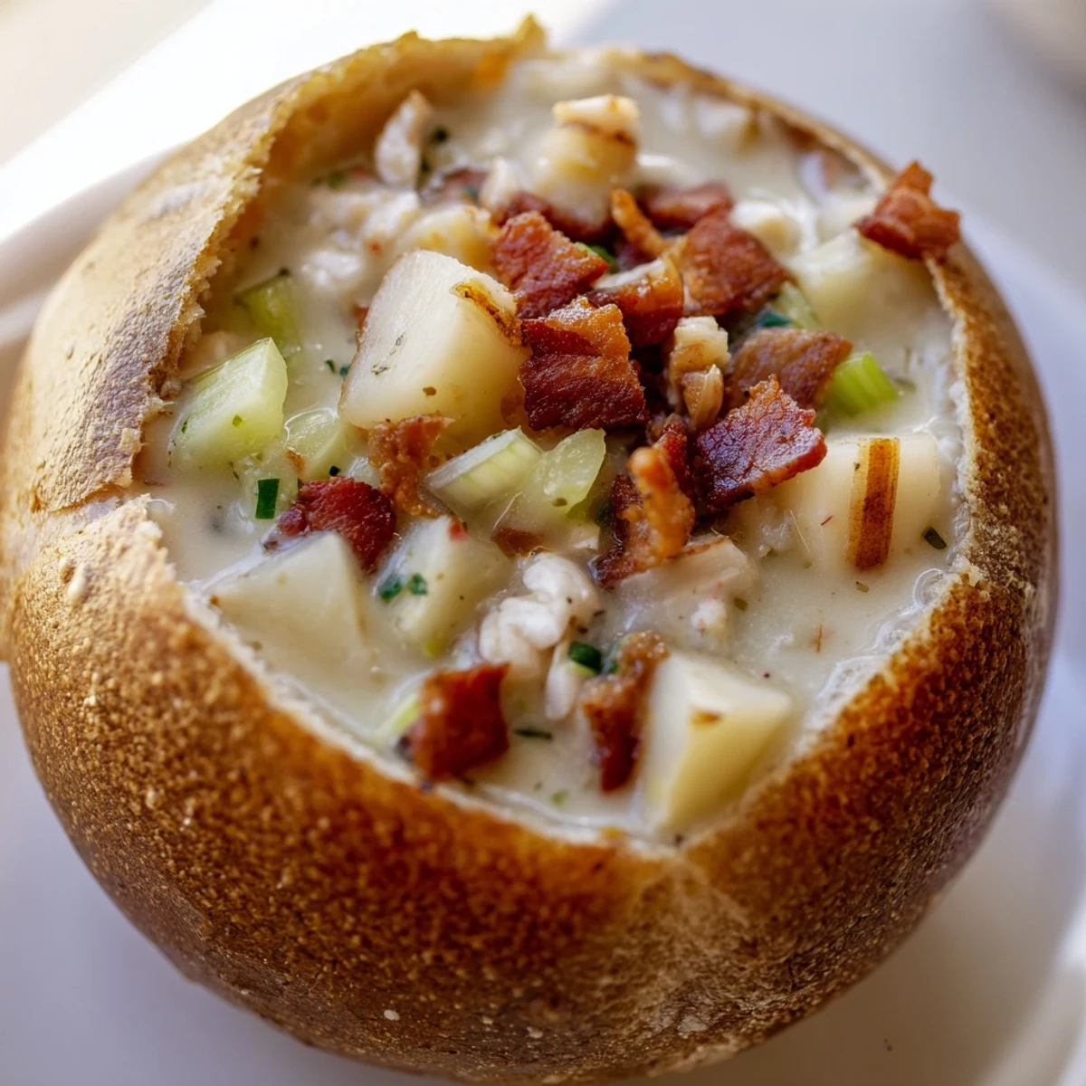 Enjoy this Creamy Clam Chowder in Sourdough Bowl for dinner, topped with bacon bits and paired with oyster crackers on the side.