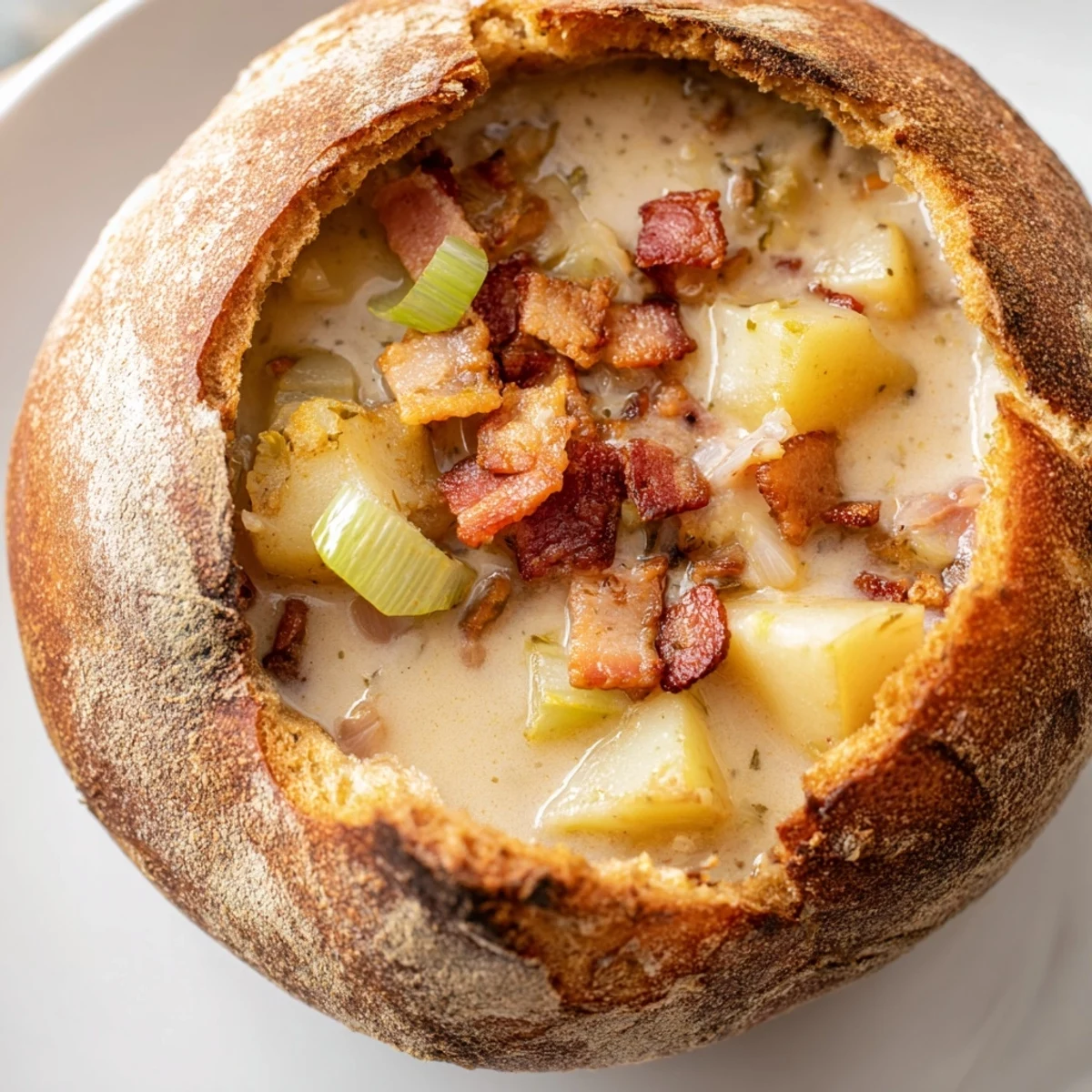 Warm, savory Creamy Clam Chowder in Sourdough Bowl is ladled steaming into a thick sourdough shell for a rustic Maine-style presentation.