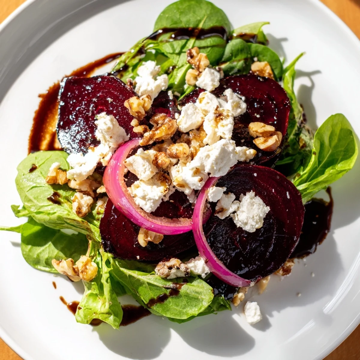Roasted Beet Salad with Goat Cheese topped with creamy crumbles on vibrant greens and crunchy walnuts.  