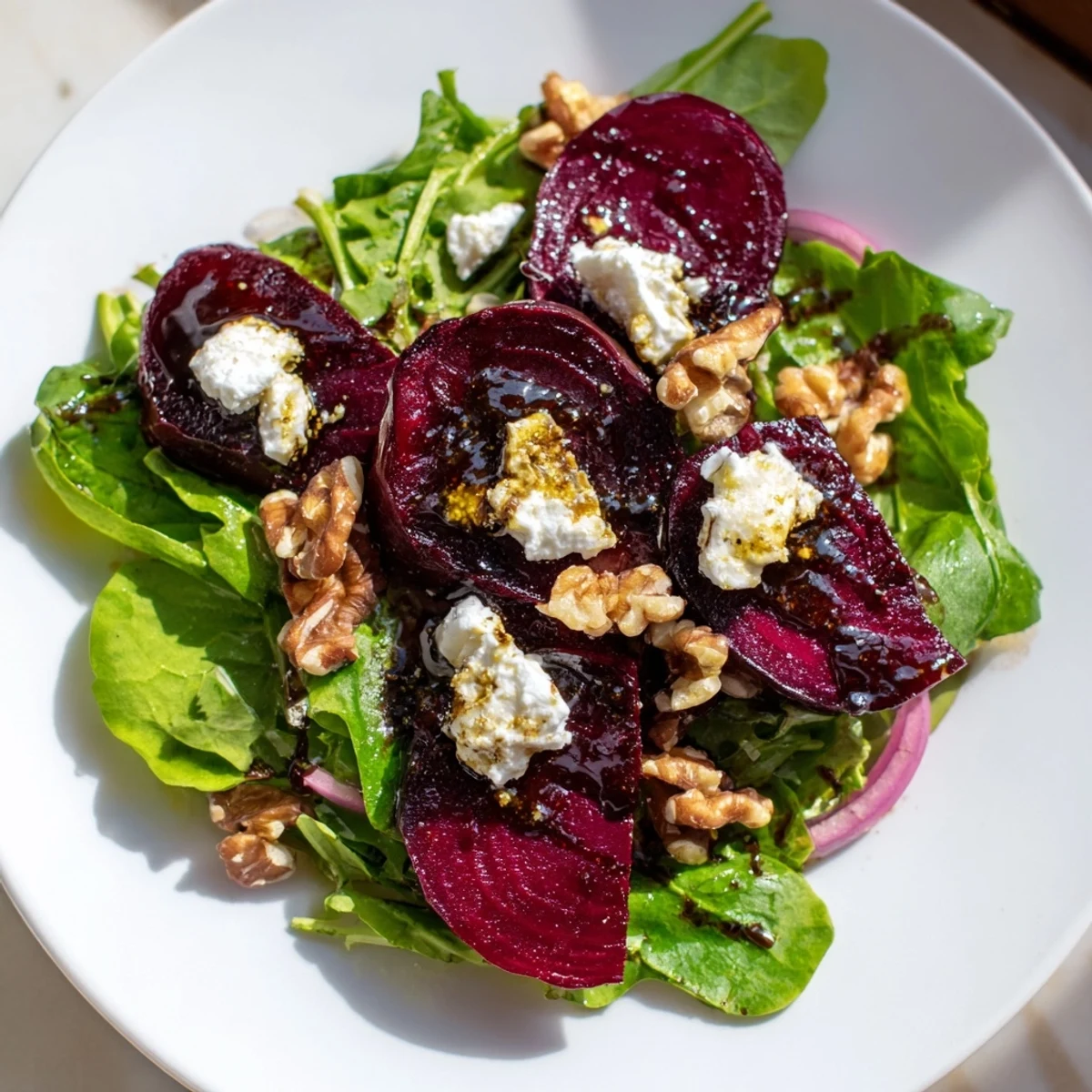 A close-up of Roasted Beet Salad with Goat Cheese featuring ruby beet wedges and tangy vinaigrette.  