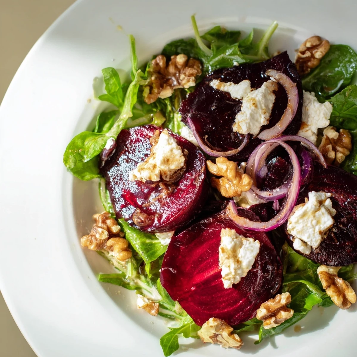 Roasted Beet Salad with Goat Cheese served on a rustic plate with red onion slices and arugula.