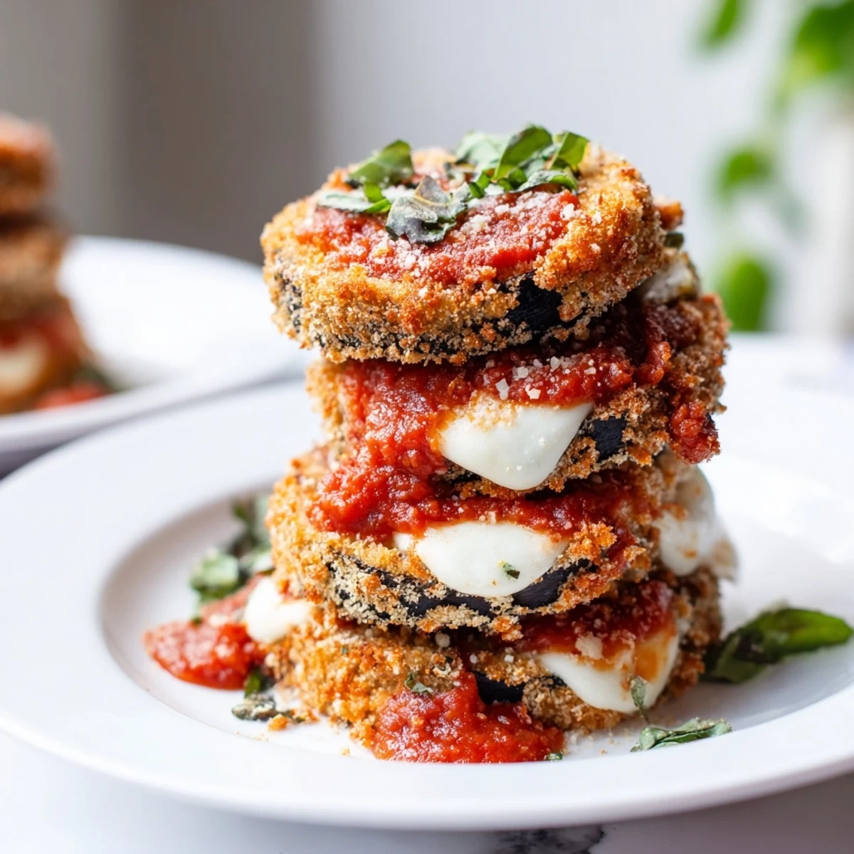 Golden-brown, crispy baked eggplant slices layered with rich marinara sauce and melted mozzarella in a 9x13 dish for Baked Eggplant Parmesan. 