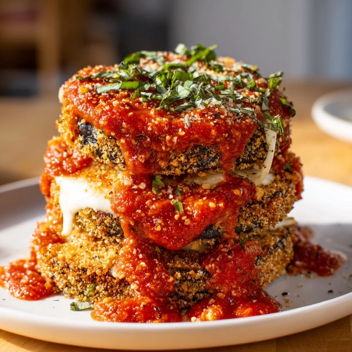 A close-up of baked eggplant parmesan garnished with fresh basil, served hot and bubbling with melted cheese for a comforting family dinner. 
