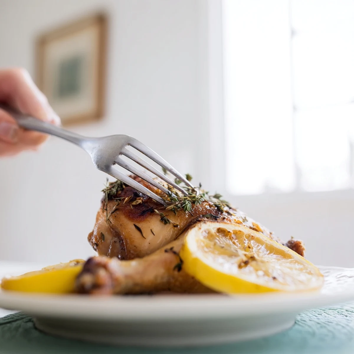 Juicy Lemon Garlic Roasted Chicken Thighs paired with roasted potatoes and a bright green salad for dinner.