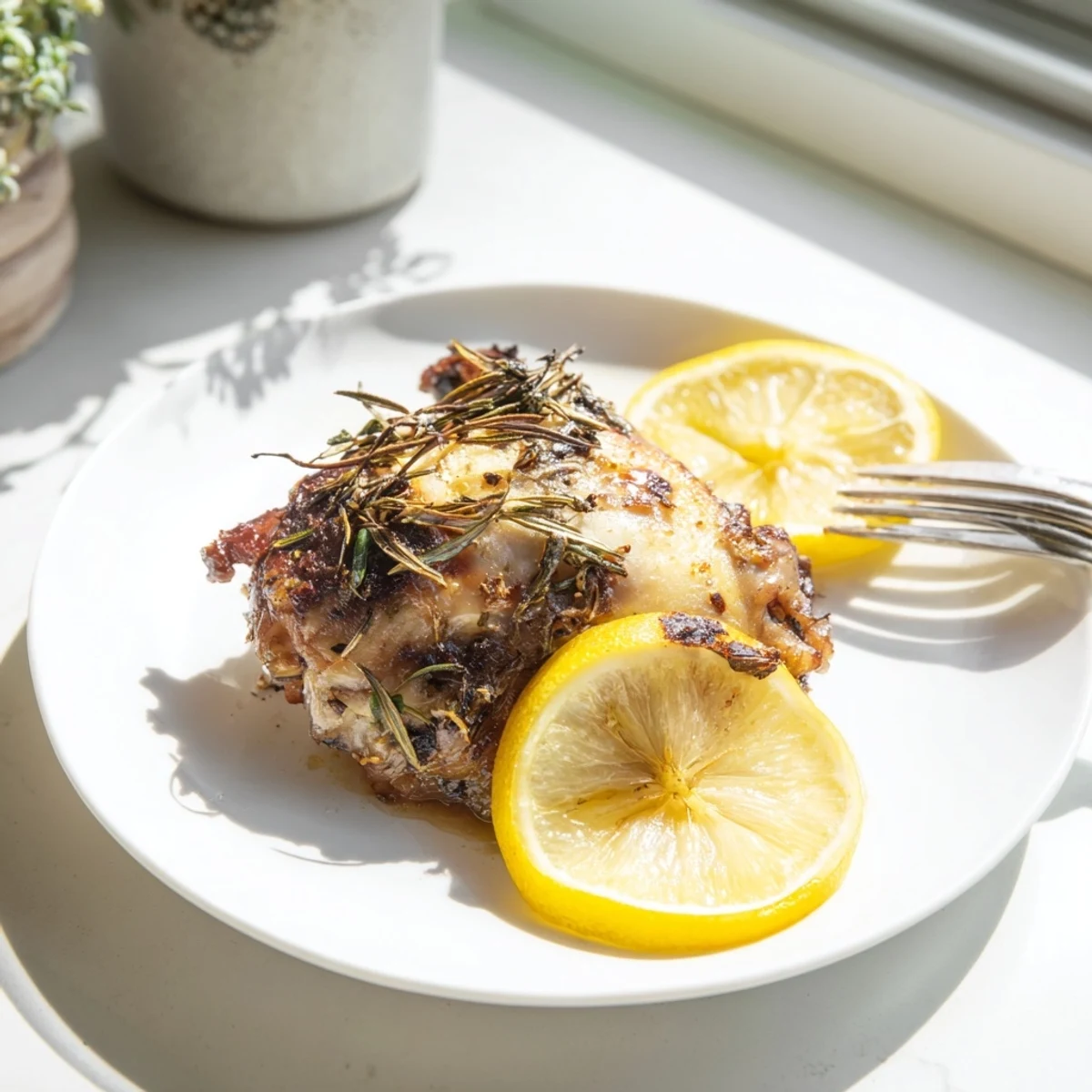 Close-up of tender Lemon Garlic Roasted Chicken Thighs glistening with lemon juice and fragrant garlic marinade.