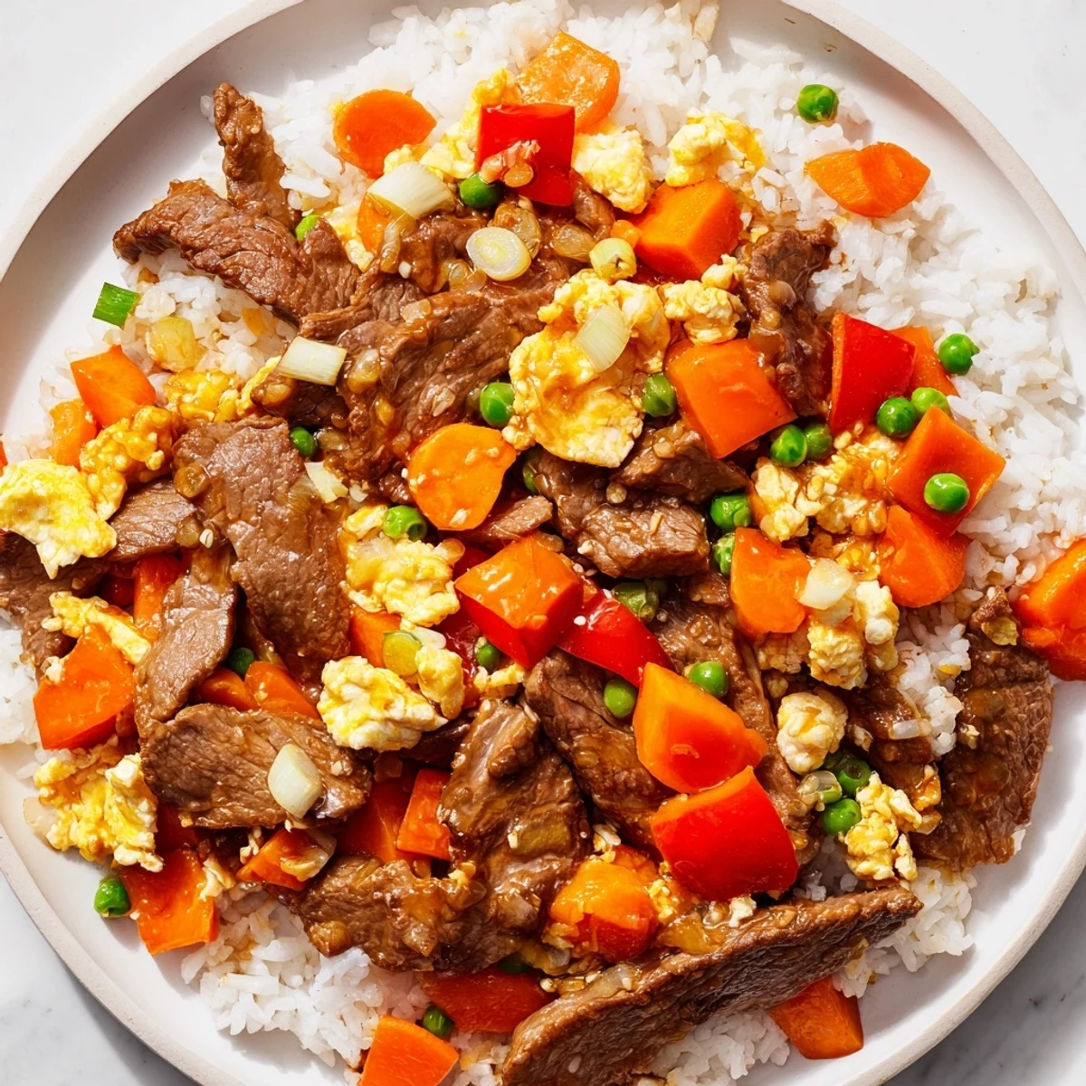 Steaming Beef Fried Rice with Vegetables shows tender beef slices and colorful veggies in a wok.