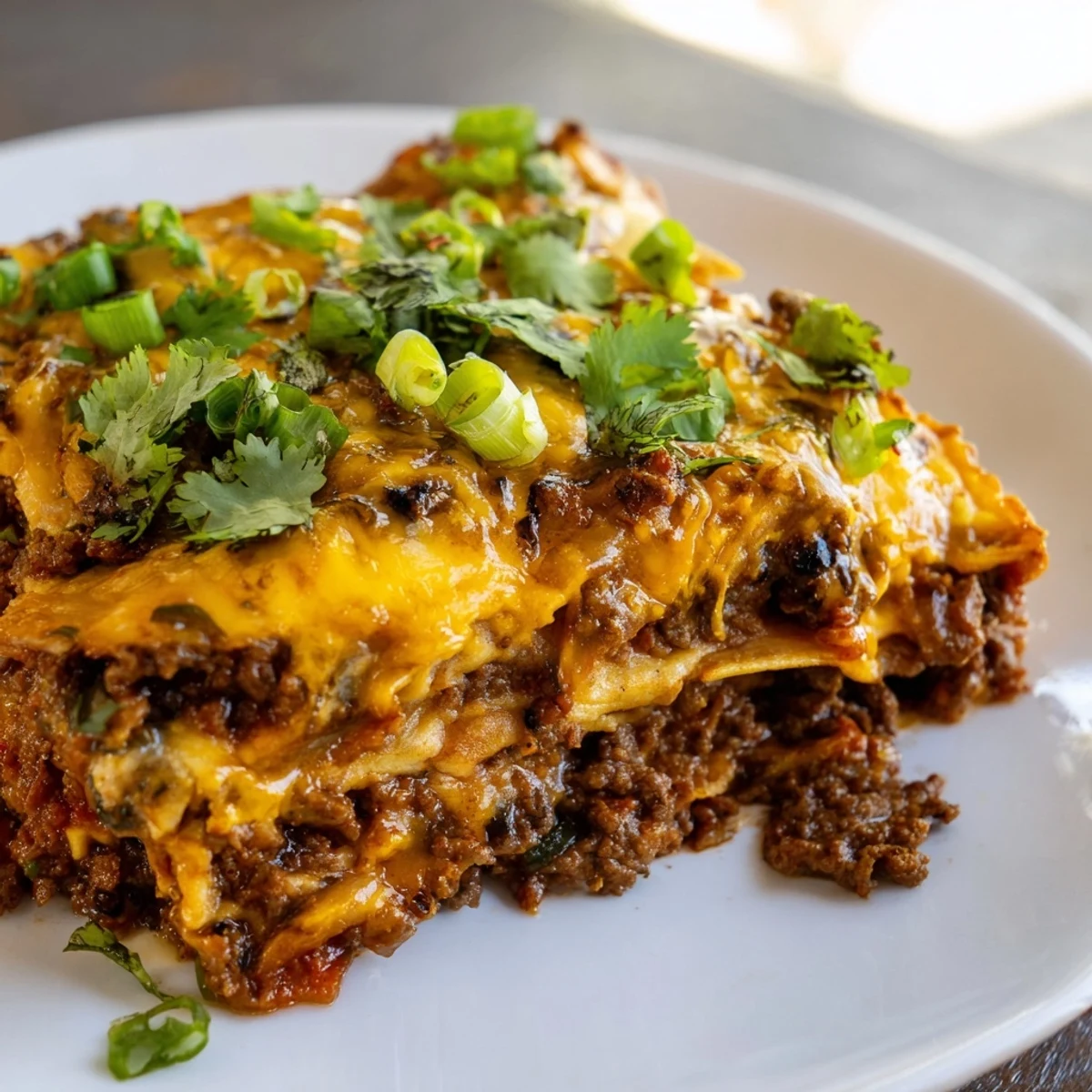 Golden melted cheddar and Monterey Jack cheese blanket layers of seasoned ground beef and corn tortillas in this bubbling Beef Enchilada Casserole fresh from the oven. 