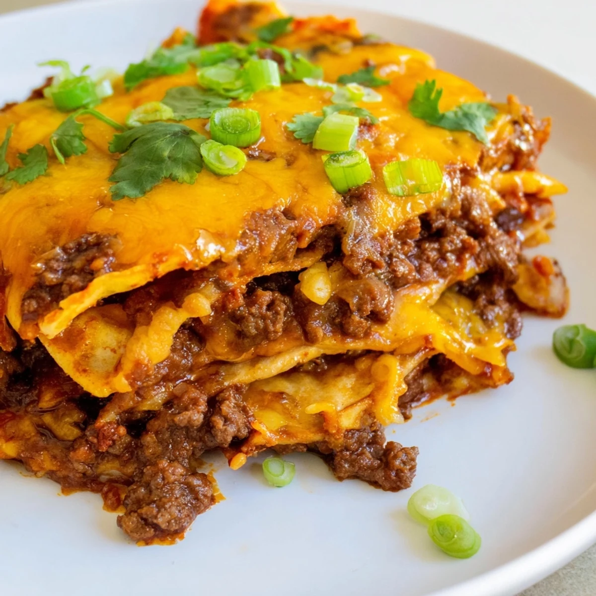 Savory ground beef and rich red enchilada sauce steam warmly between soft tortillas in this easy weeknight Beef Enchilada Casserole topped with bubbly cheese.