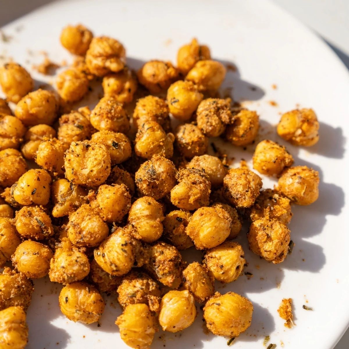 A close-up of crispy Cajun Spiced Roasted Chickpeas served in a rustic bowl, ready to be enjoyed as a snack.