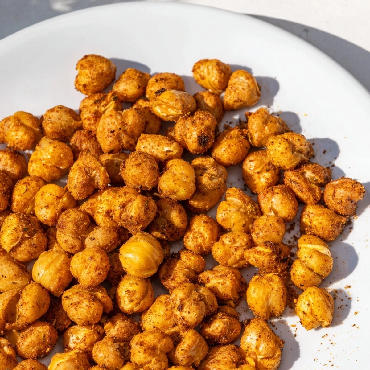 Vibrant Cajun Spiced Roasted Chickpeas resting on a plate, garnished with fresh parsley for a flavorful, vegan appetizer.