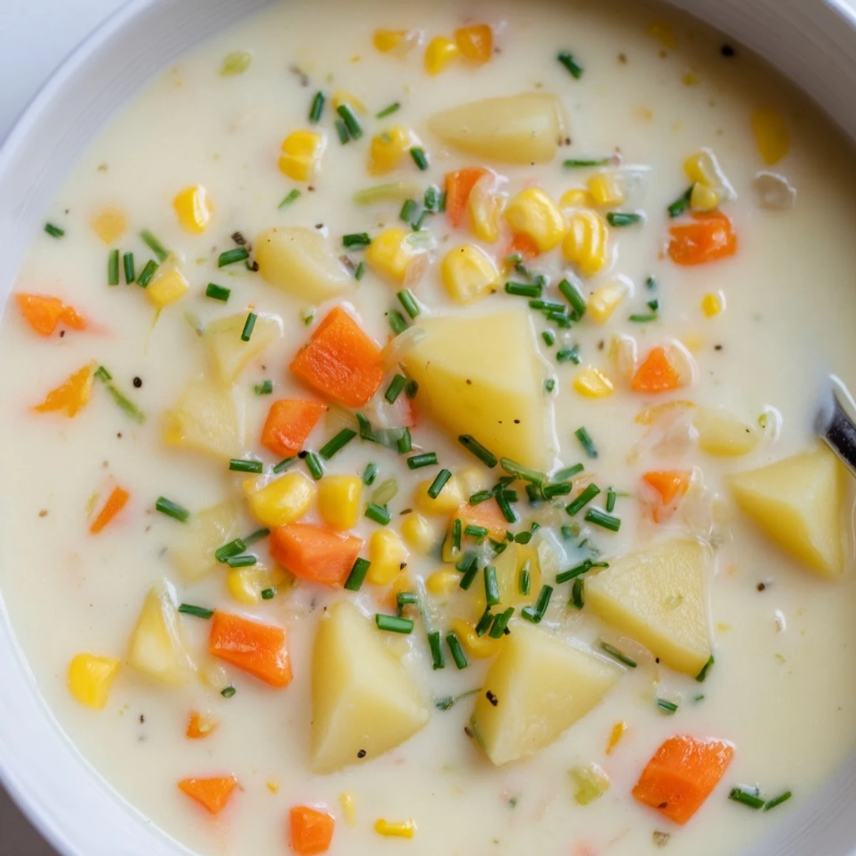 A steaming bowl of Creamy Corn Chowder with Potatoes, garnished with fresh chives and a swirl of cream.