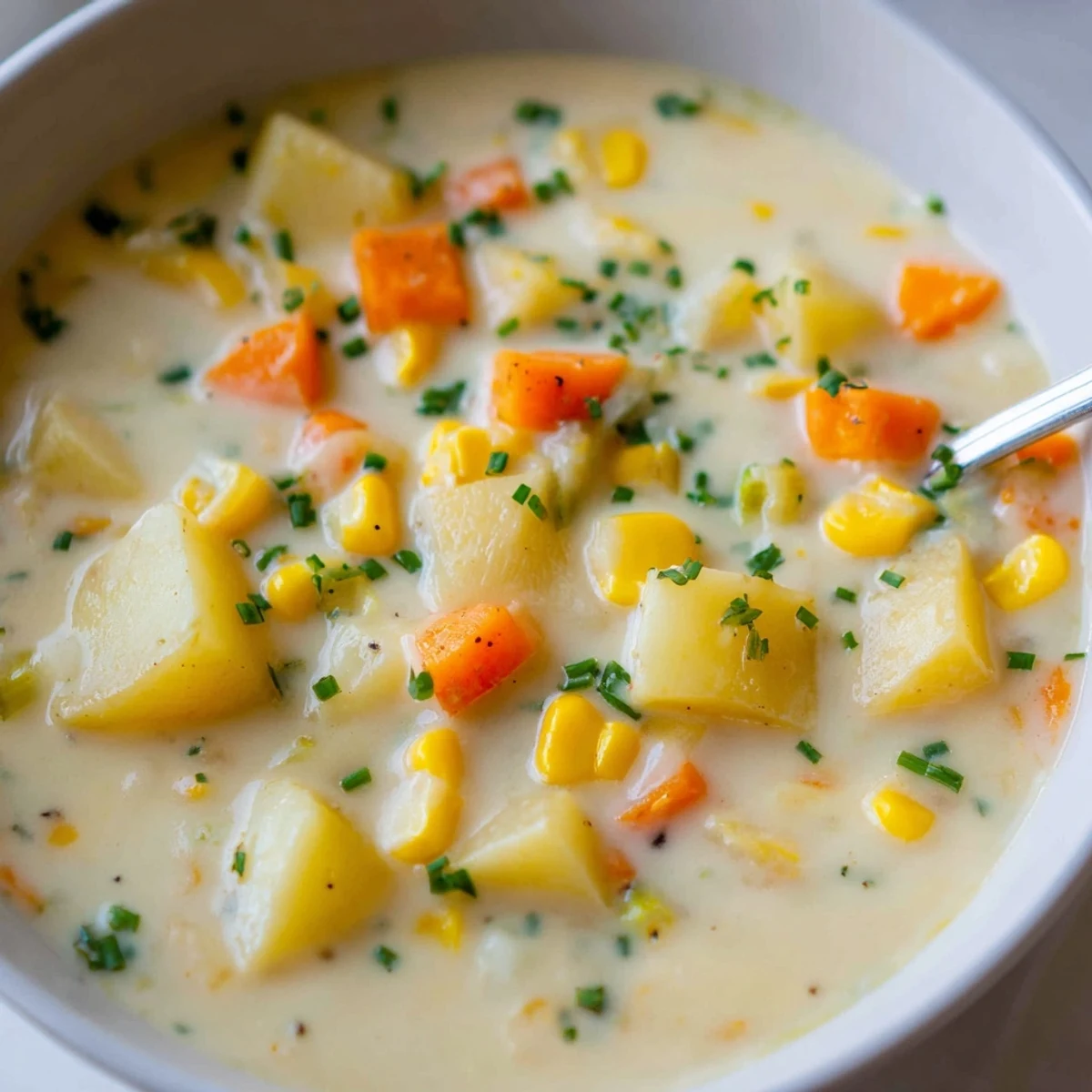 Creamy Corn Chowder with Potatoes served in rustic bowls, featuring tender potato chunks and sweet yellow corn kernels.