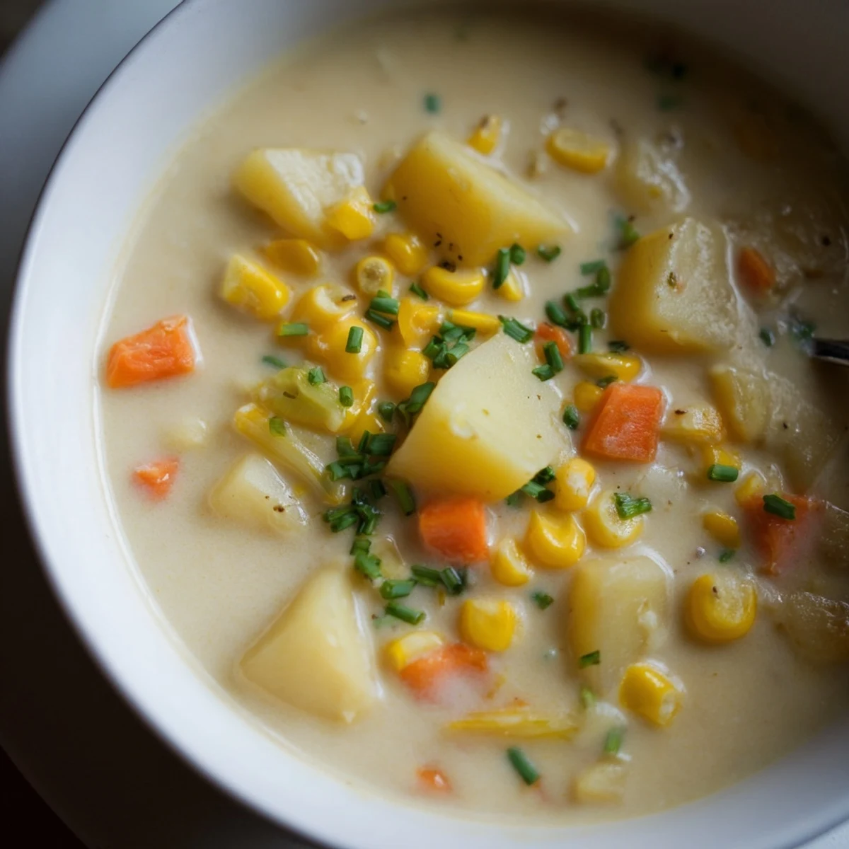 Close-up of Creamy Corn Chowder with Potatoes in a white bowl, steam rising from the rich, velvety soup.