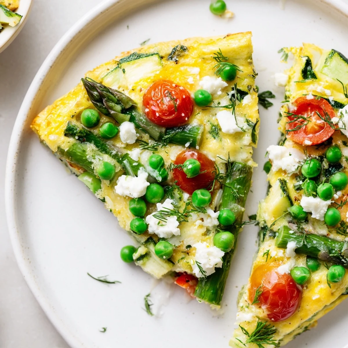 A close-up of the golden-brown Spring Vegetable Frittata with Herbs, featuring vibrant asparagus, spinach, and crumbled feta cheese.