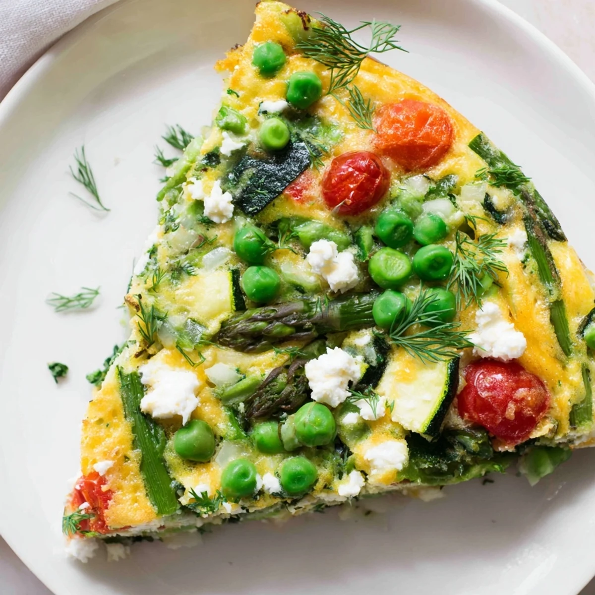 Freshly baked Spring Vegetable Frittata with Herbs showing bubbly cheese top, ready to serve warm for a healthy brunch.