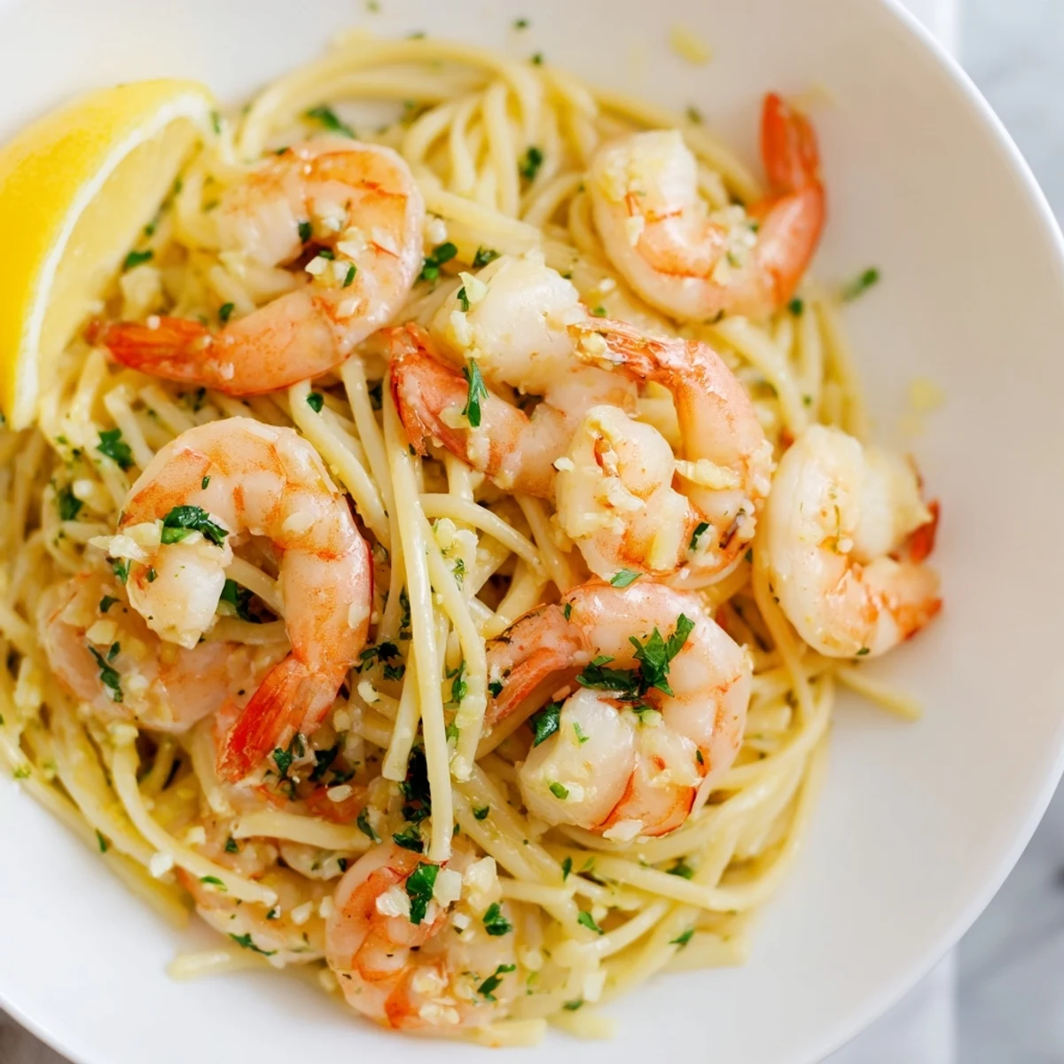 Steaming Lemon Garlic Shrimp Pasta twirls in a skillet with bright lemon wedges and fresh parsley garnish.