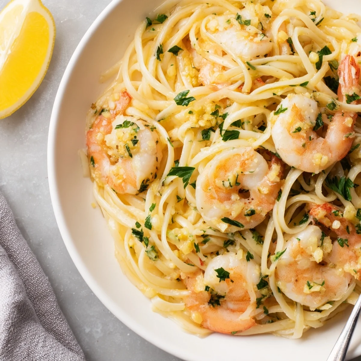 Freshly cooked Lemon Garlic Shrimp Pasta plated with parmesan and a glass of crisp white wine.