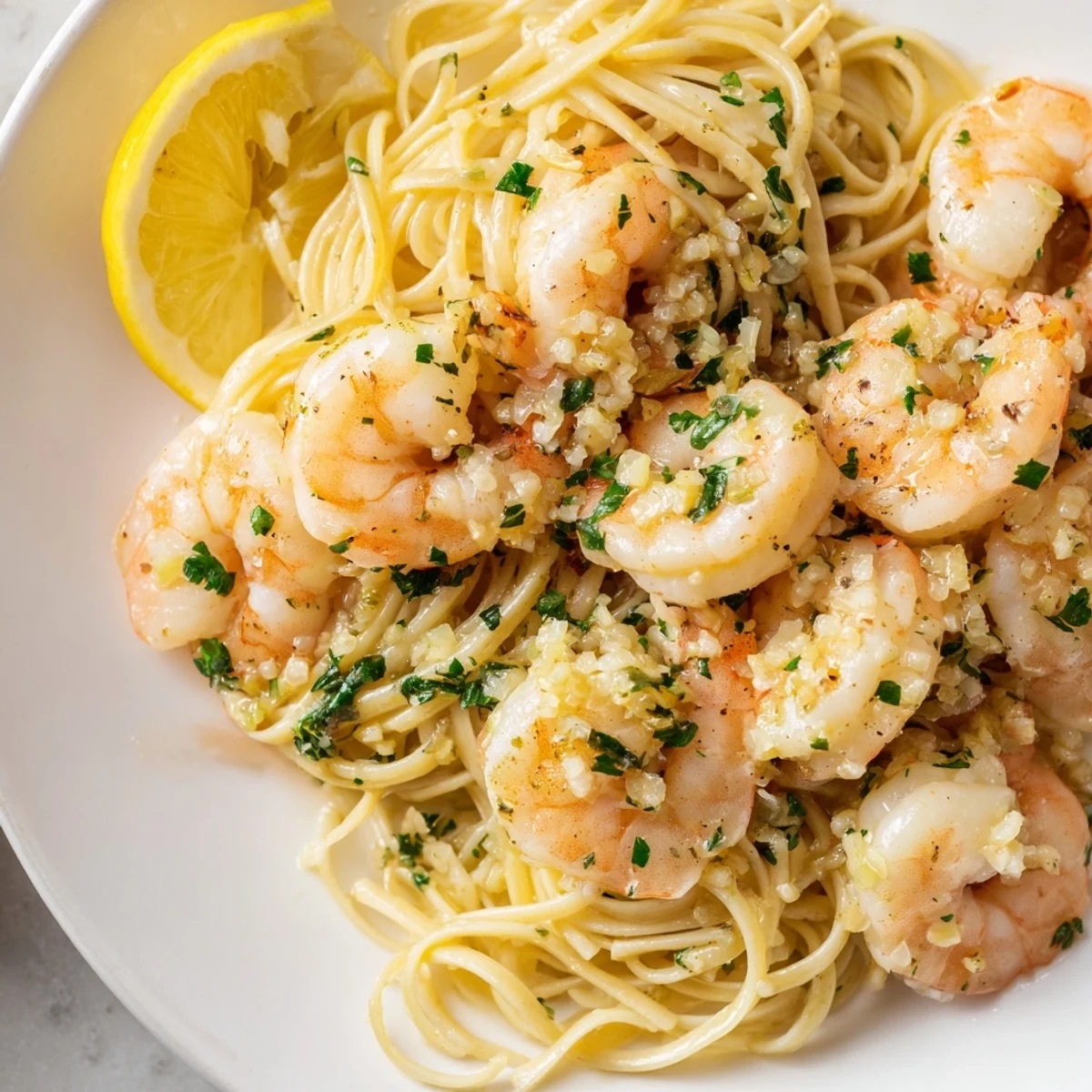 Succulent shrimp and al dente noodles coated in a glossy garlic butter lemon sauce for dinner.