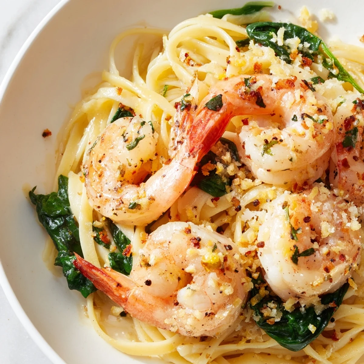 Close-up of vibrant Lemon Garlic Shrimp Pasta with Spinach, showcasing succulent shrimp and wilted greens in a glossy sauce.