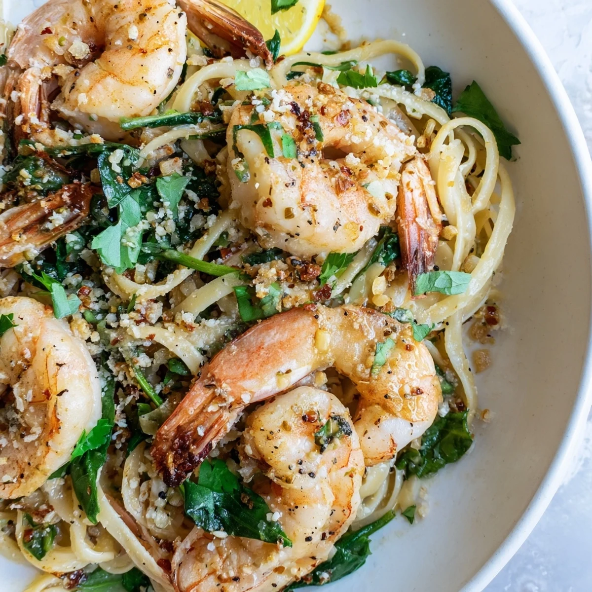 A comforting bowl of Lemon Garlic Shrimp Pasta with Spinach, ready to serve with a glass of white wine.