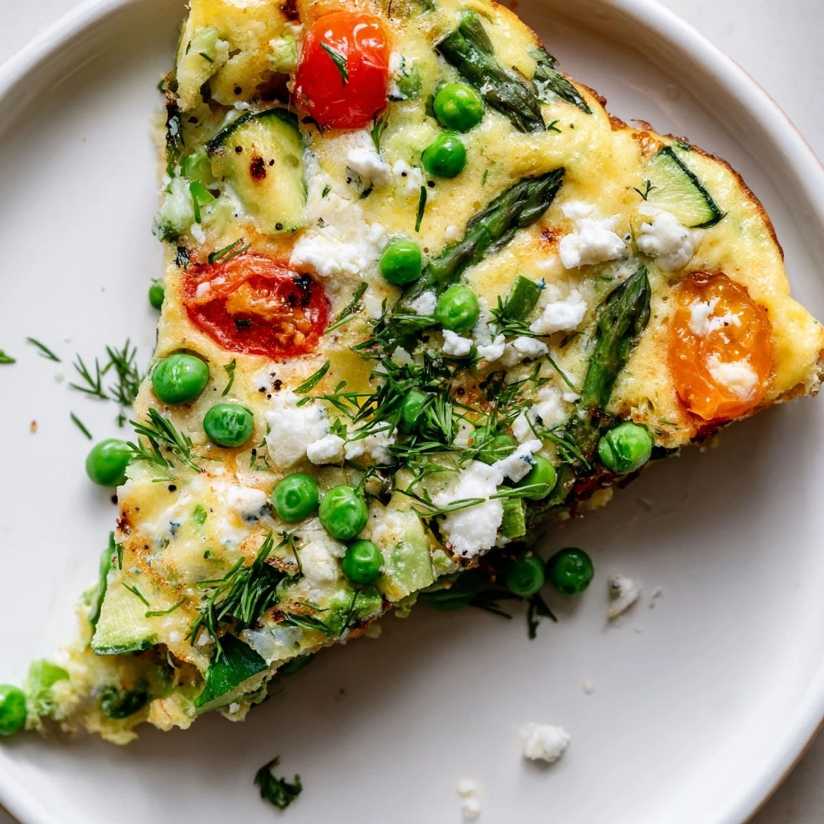 A golden slice of Spring Vegetable Frittata with Fresh Herbs shows asparagus and peas on a rustic plate.
