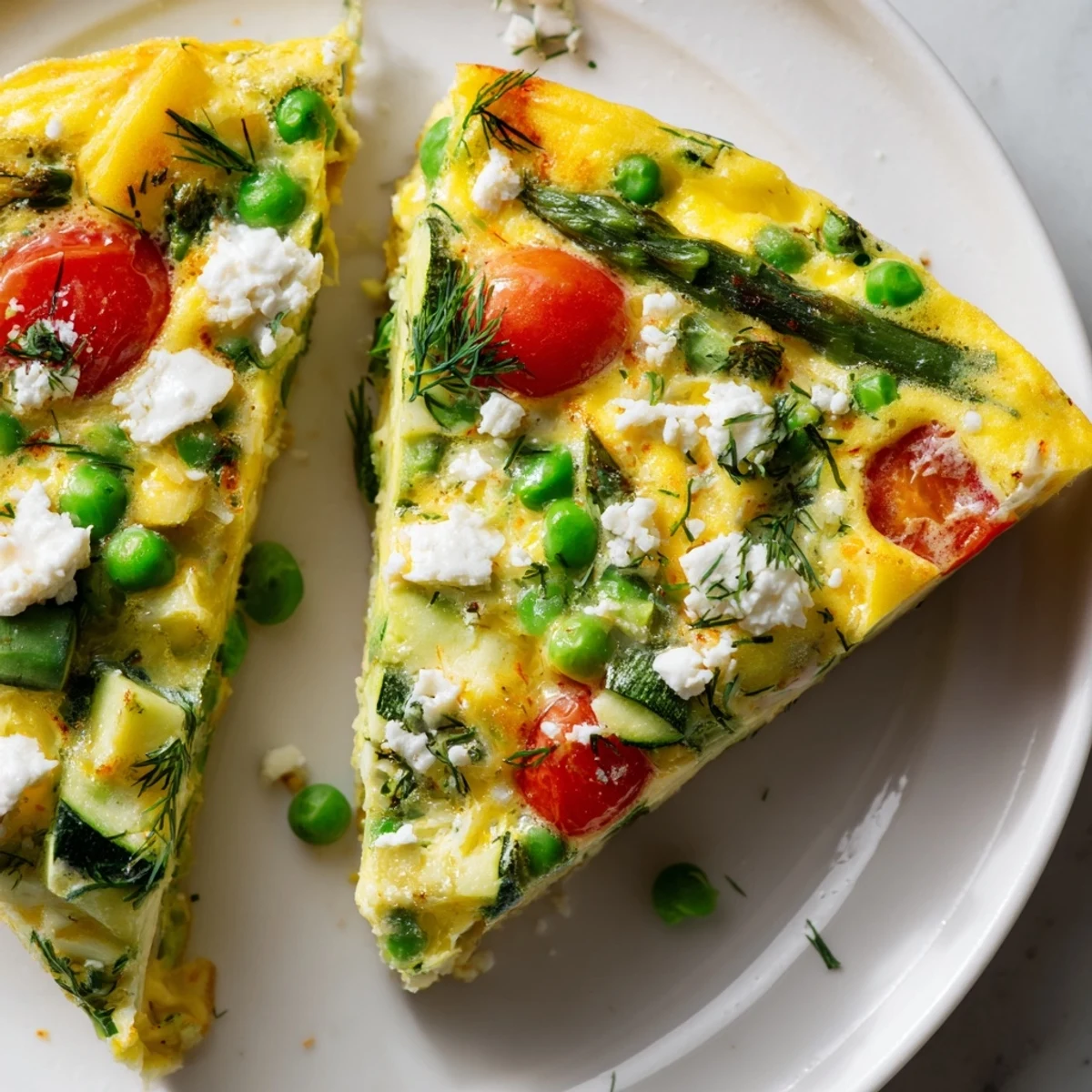 Fresh herbs garnish a tender wedge of Spring Vegetable Frittata, ready for a cozy brunch plate.