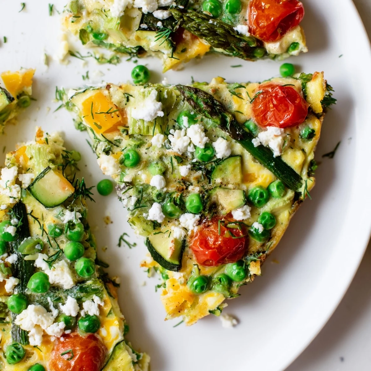 A cast-iron skillet holds a baked Spring Vegetable Frittata with Fresh Herbs beside a green salad.