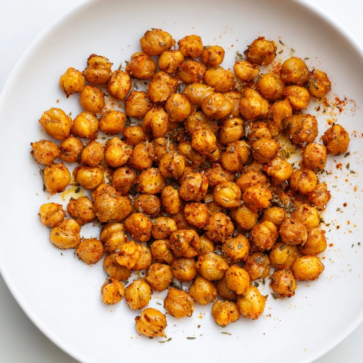Crispy Cajun Spiced Roasted Chickpeas Snack with paprika dusting, served warm as a high-protein vegan appetizer.