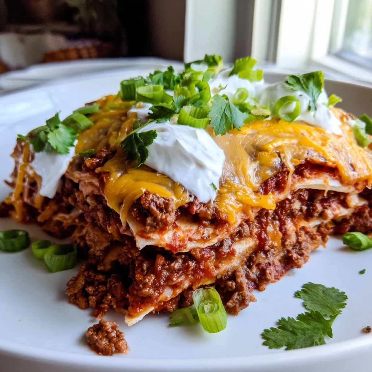 Golden melted cheddar blankets a hearty Beef Enchilada Casserole with bubbling red sauce and tender tortilla layers.