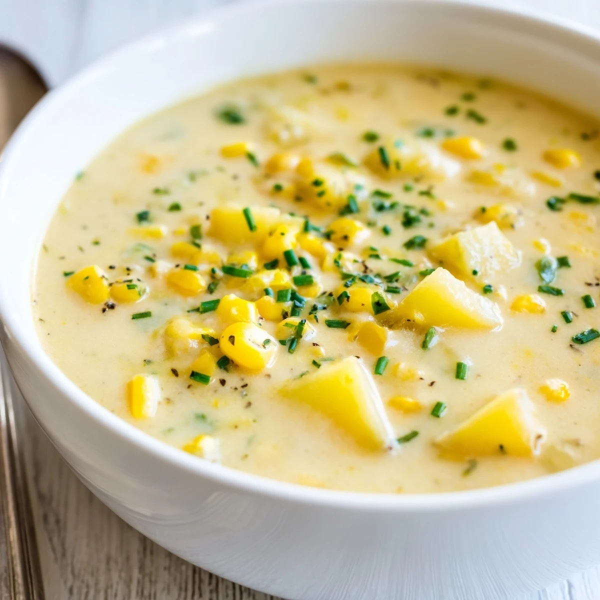 A steaming bowl of Creamy Corn Chowder with Potatoes and Herbs, garnished with fresh chives and parsley.