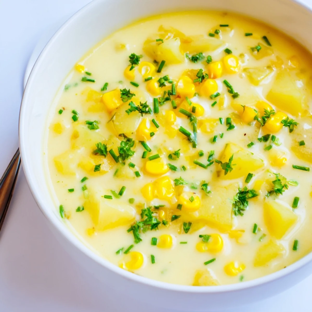 Velvety Creamy Corn Chowder with Potatoes and Herbs served in a rustic bowl with crusty bread on the side.
