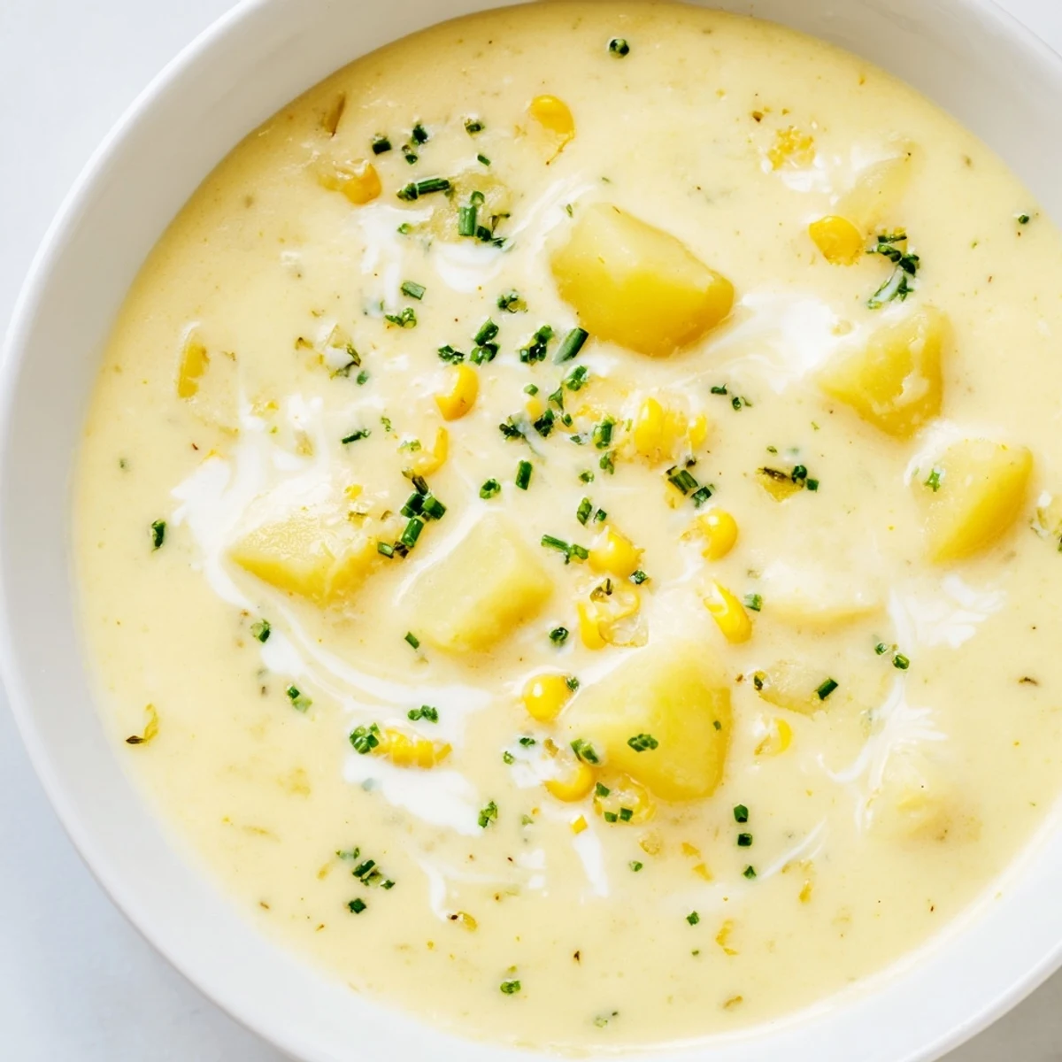 A bowl of Creamy Corn Chowder with Potatoes and Herbs, garnished with chives and bacon crumbles.