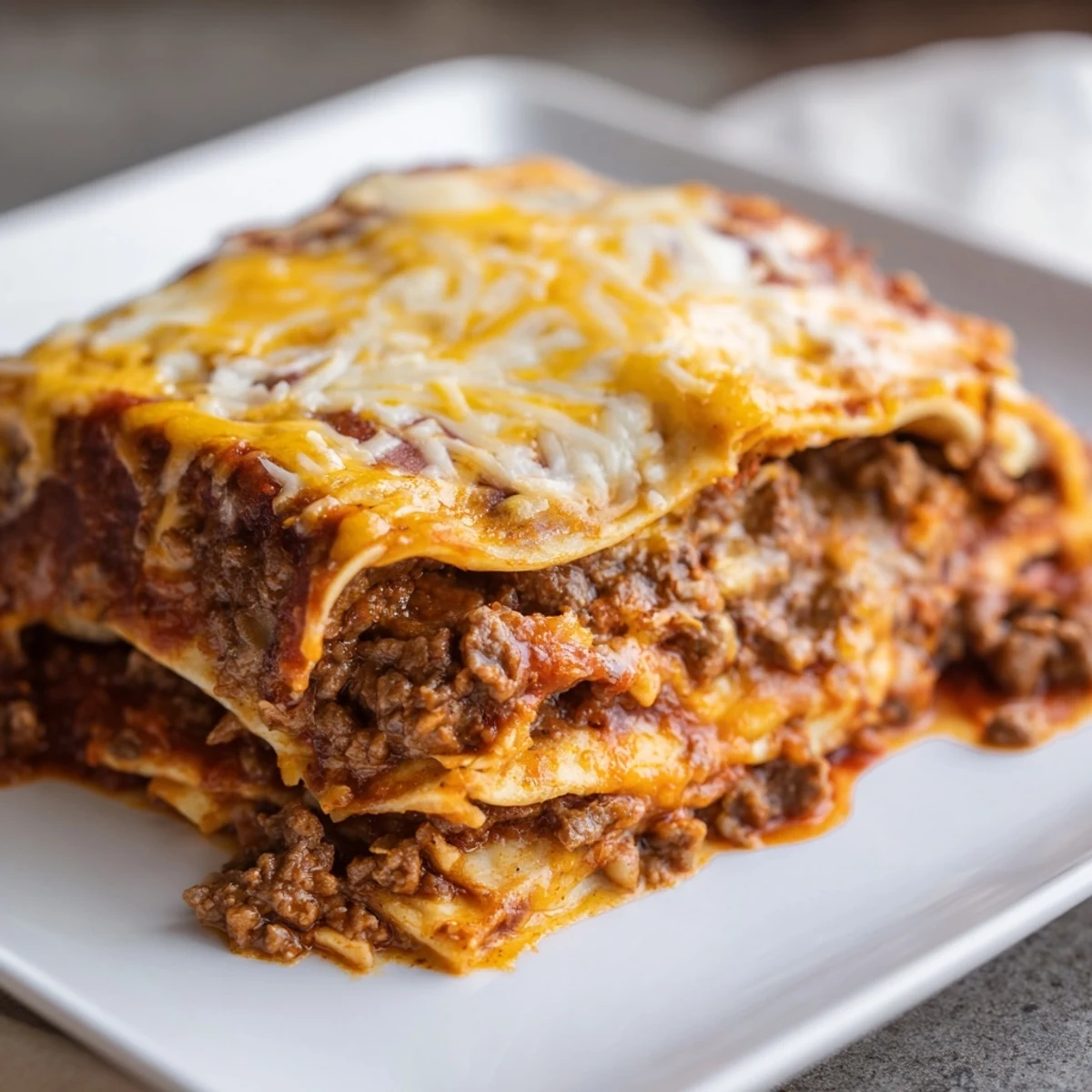 Golden melted cheddar and bubbly enchilada sauce cover this hearty Beef Enchilada Casserole fresh from the oven.