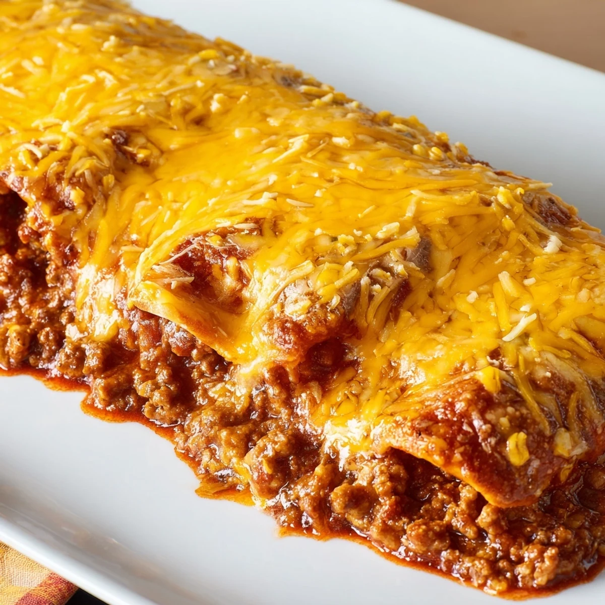 Sliced portions of the layered casserole reveal seasoned ground beef and soft tortillas ready to serve.