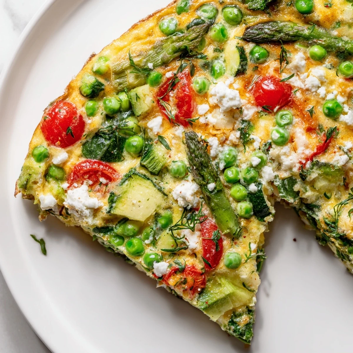 Spring Vegetable Frittata with Fresh Herbs topped with crumbled feta, served warm from the oven on a rustic plate.