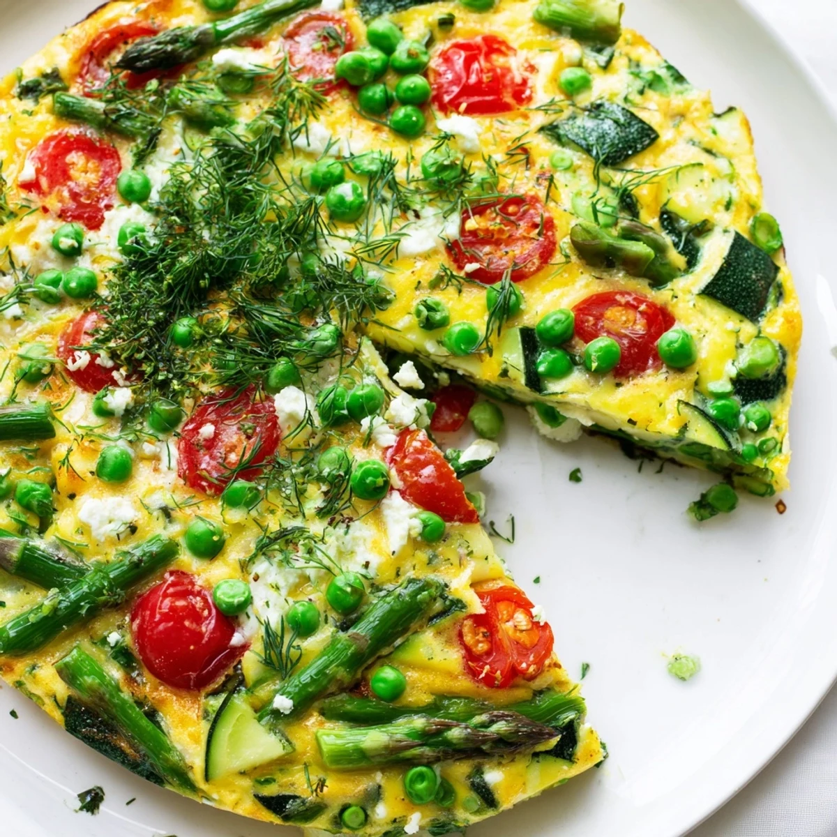 A golden, fluffy Spring Vegetable Frittata with Fresh Herbs studded with asparagus, peas, and spinach for a light meal.