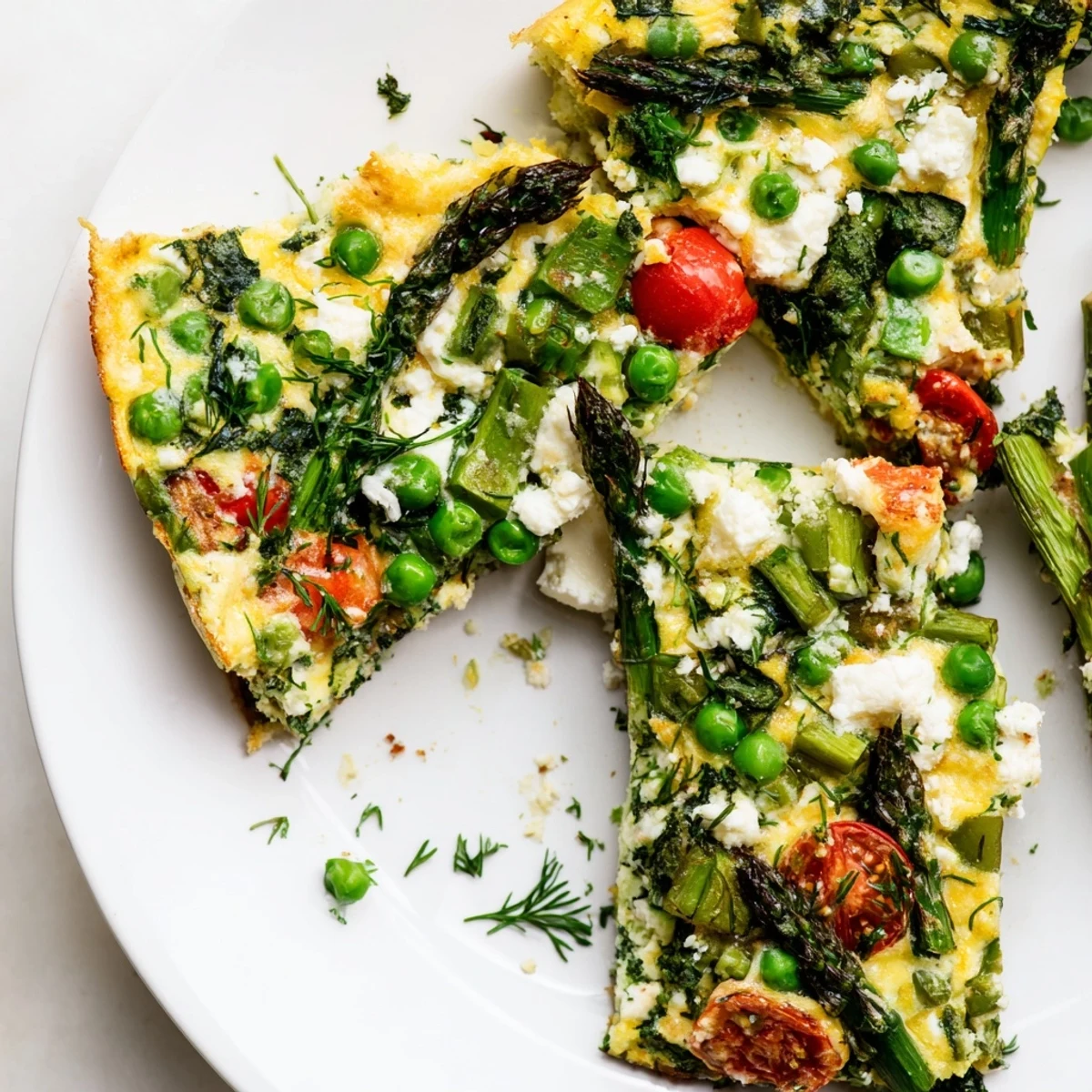 Slice of Spring Vegetable Frittata with Fresh Herbs featuring cherry tomatoes and herbs, perfect for a colorful brunch spread.
