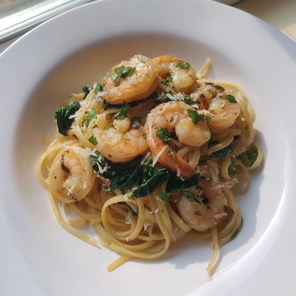 Lemon Garlic Shrimp Pasta with Spinach steams in a skillet with buttery lemon sauce and fresh parsley garnish.