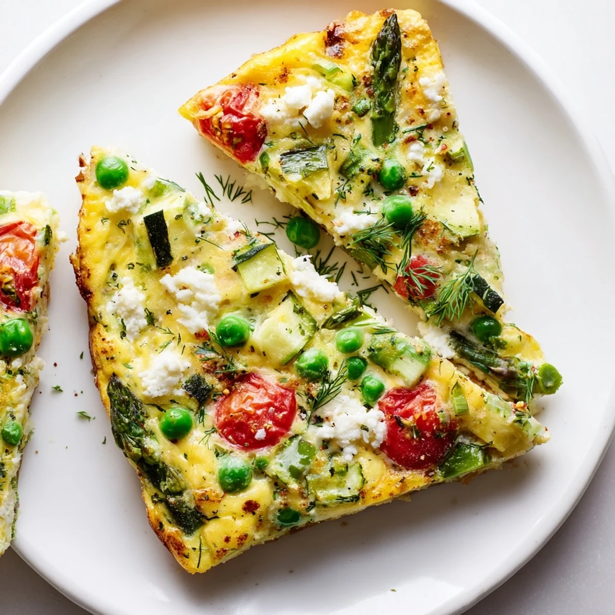 Golden Spring Vegetable Frittata with Herbs slices onto a white plate, showcasing fluffy eggs, green asparagus, and creamy feta cheese.