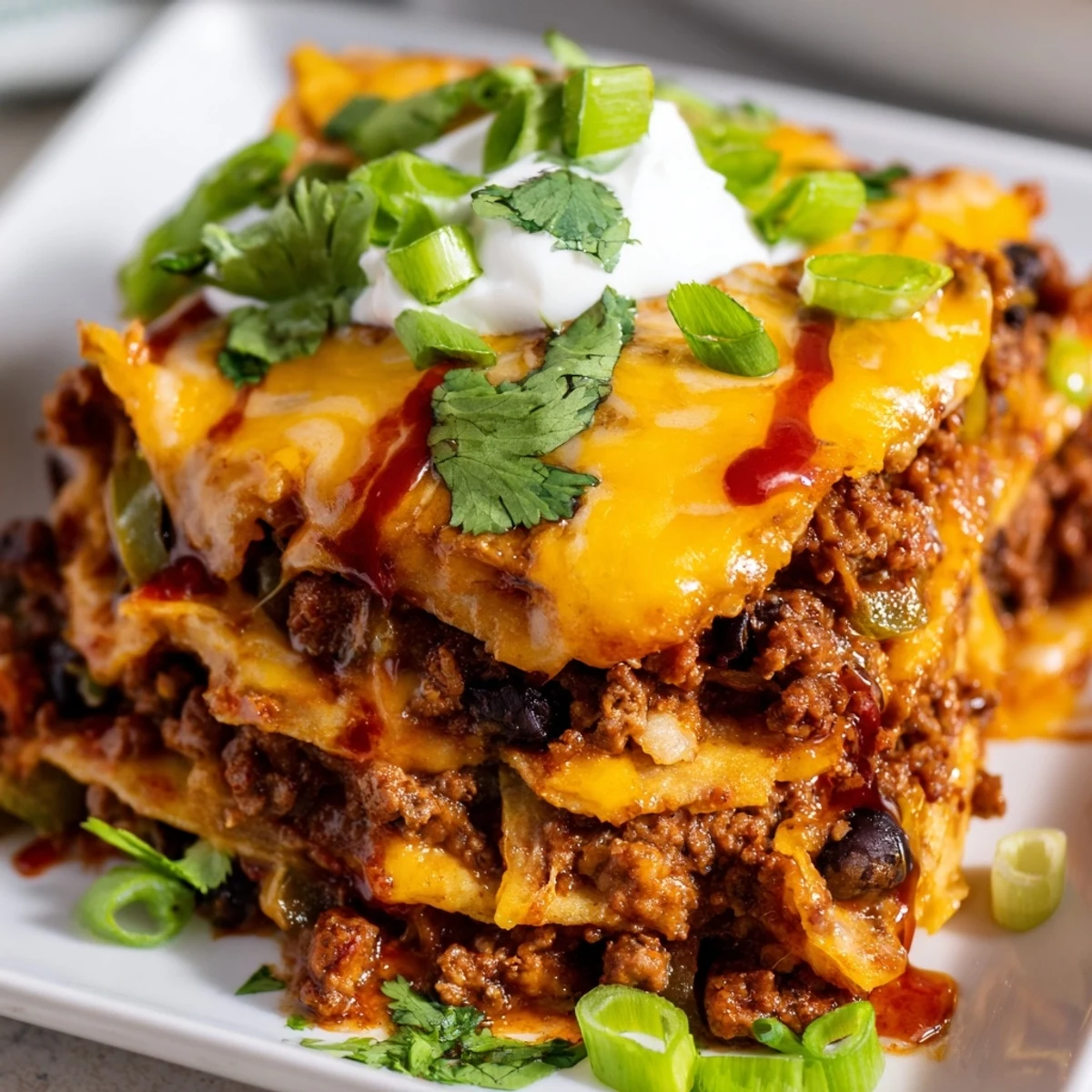 Serving suggestion for a warm, family-style beef enchilada casserole, garnished with fresh cilantro and sliced green onions.