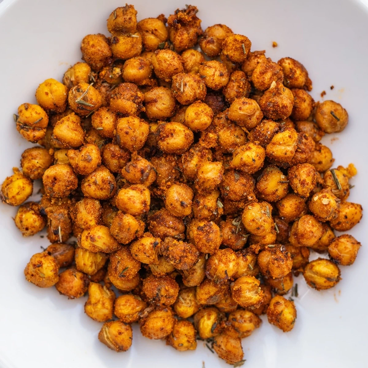 A close-up of Cajun Spiced Roasted Chickpeas in a white bowl, perfect for snacking or salad topping.
