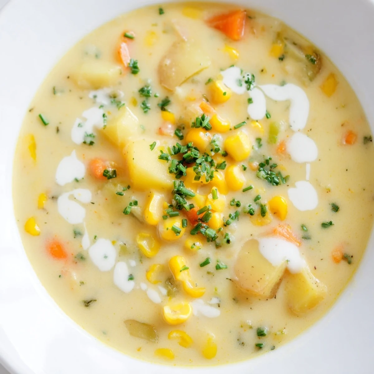 Close-up of rich Creamy Corn Chowder with Potatoes in a rustic bowl, highlighting the creamy texture and vegetables.