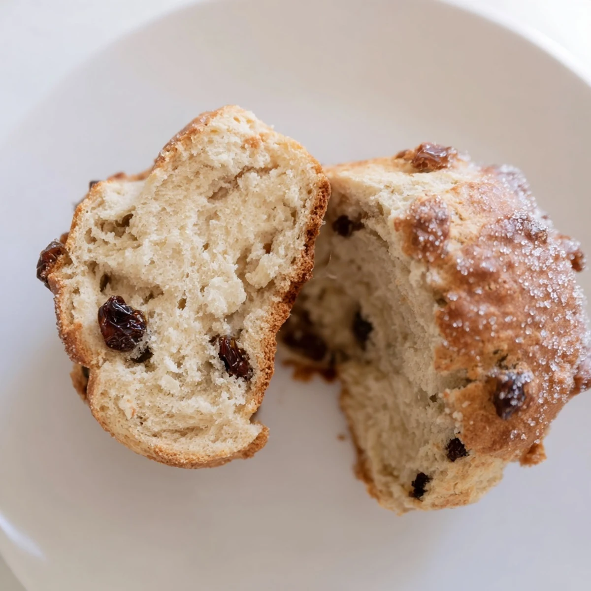 Golden-brown Mini Irish Soda Bread Muffins with a tender crumb and visible currants, served warm on a wooden board.