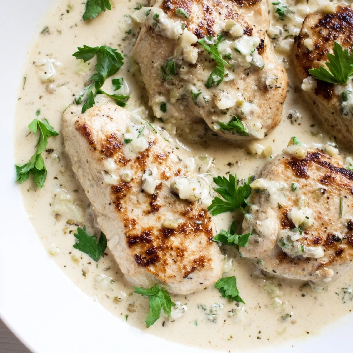 Creamy Boursin Chicken served over fluffy mashed potatoes with fresh parsley garnish.